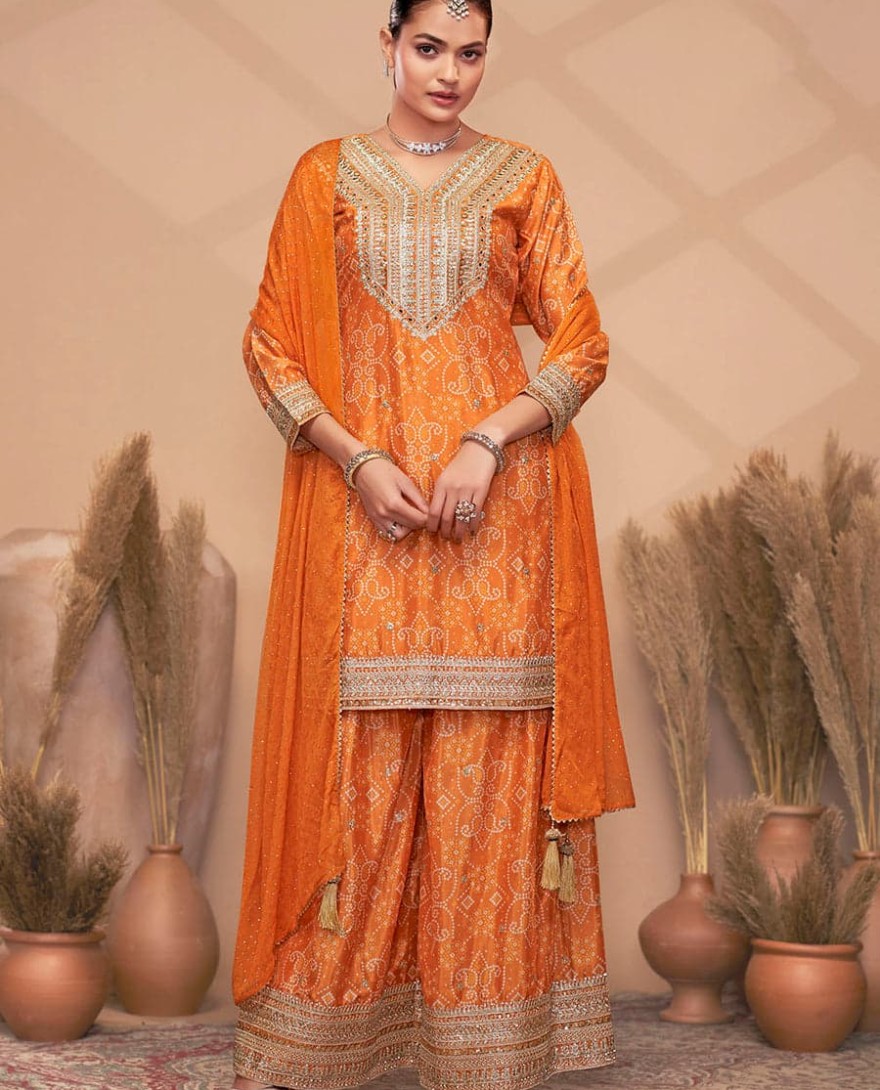 2151 - PREMIUM EMBROIDERED ORANGE TRENDY PALAZZO STYLE SUIT